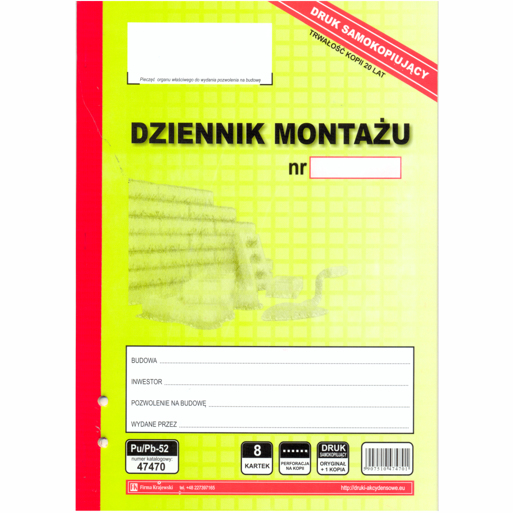 Dziennik montażu [Pu/Pb-52] firmy Krajewski, okładka lakierowana UV, format A4, samokopiujący, 8 kartek, perforacja i dziurki do przesznurowania