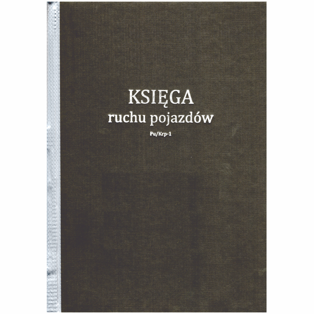 Księga ruchu pojazdów [Pu/Krp-1] — Księga ruchu pojazdów Pu/Krp-1 z twardą szarą okładką i białym tłoczonym napisem, format A4, oprawa twarda.