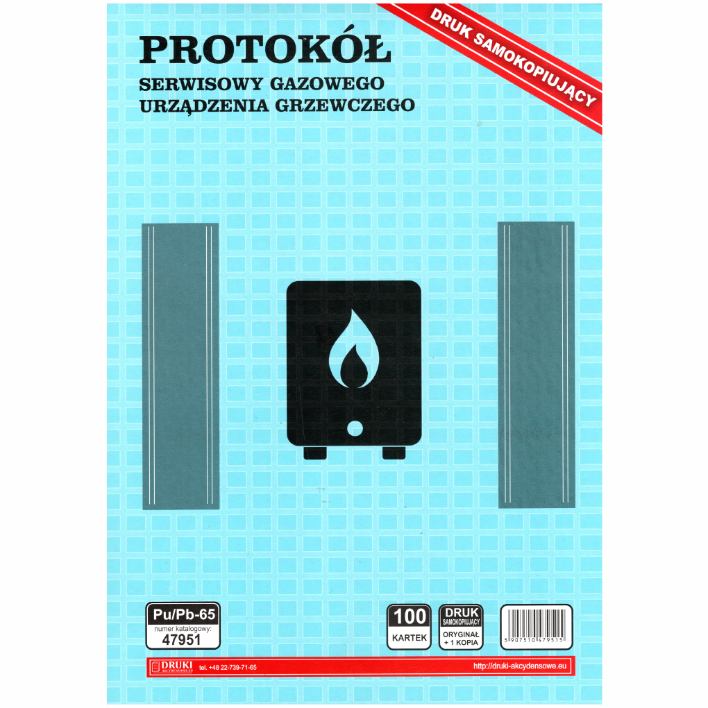Protokól serwisowy gazowego urzadzenia grzewczego [Pu/Pb-65] — Protokół serwisowy gazowego urządzenia grzewczego Pu/Pb-65, okładka niebieska, format A4, blok 100 kartek, druk samokopiujący.